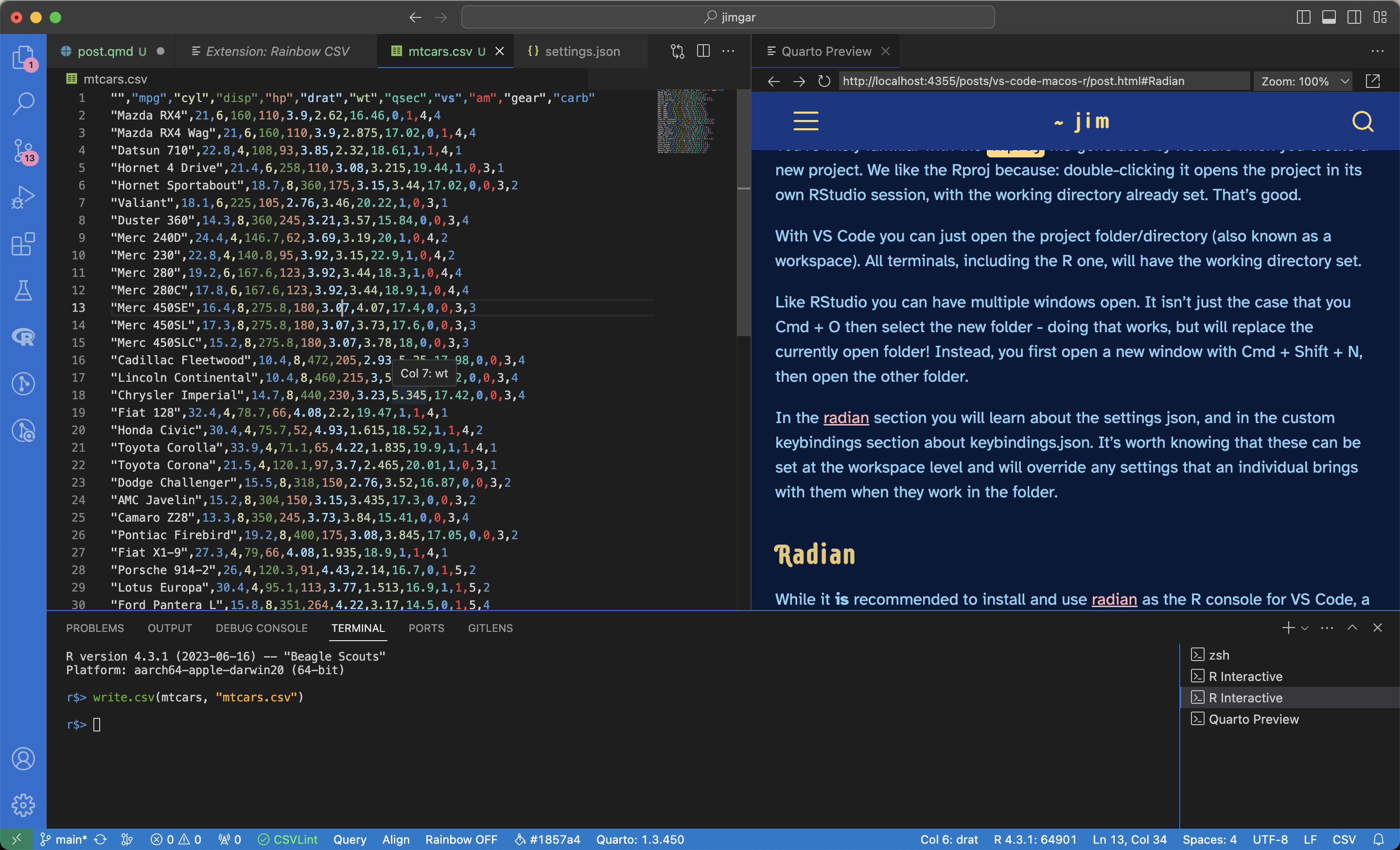 A VS Code window showing the R dataset 'mtcars' open as a standalone csv file. The Rainbow CSV extension is installed and enabled, applying a series of alternating colours to the columns of mtcars.csv